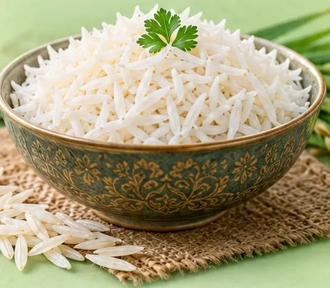 Bowl of 1121 Basmati rice.