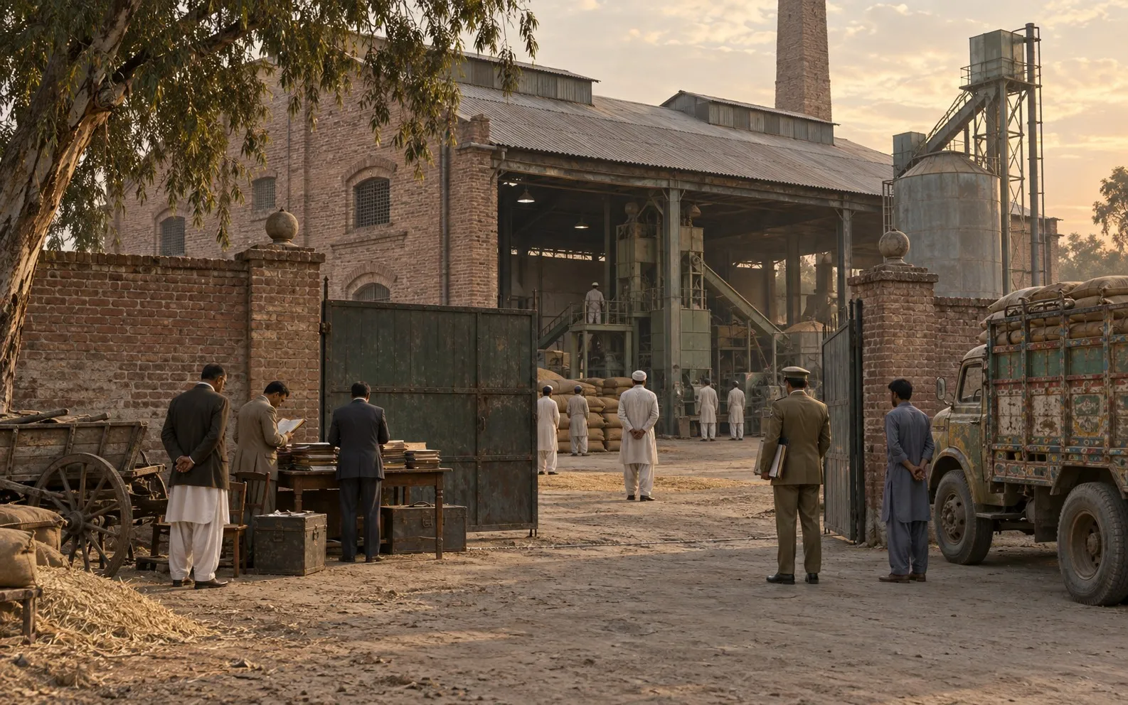 An illustrative, artist-generated recreation of a 1970s mill gate scene — not a real photograph.